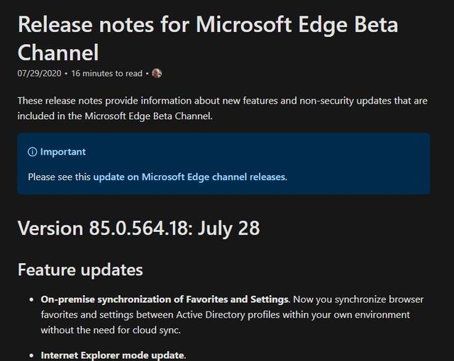 微软 Edge 浏览器 Beta 85更新：支持本地同步收藏夹、设置