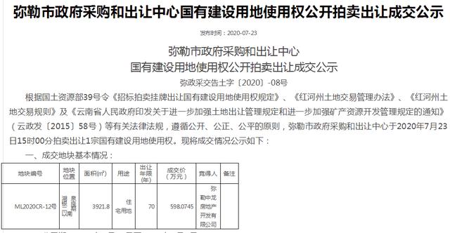 弥勒湖泉生态园旁一宗6亩土地出让，本土开发商598万摘得
