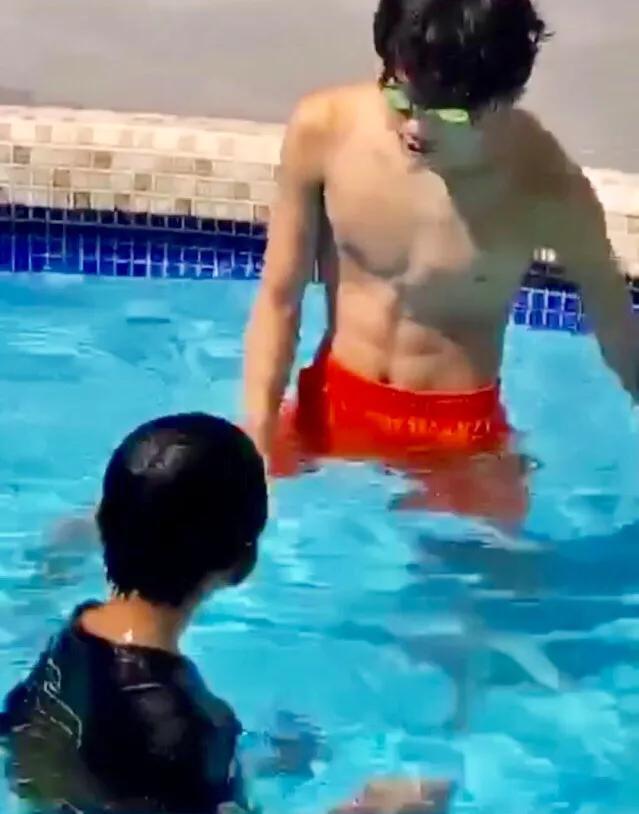 张柏芝晒俩儿子游泳健身，13岁Lucas练出腹肌，颜值身材不输爸爸