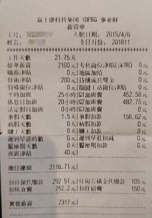 富士康打工妹晒出11月的工资单：工资低，想辞职，网友评论炸锅了