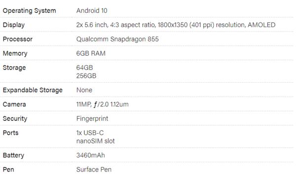 微软Surface Duo双屏手机规格曝光：依旧骁龙855，1100万像素单摄