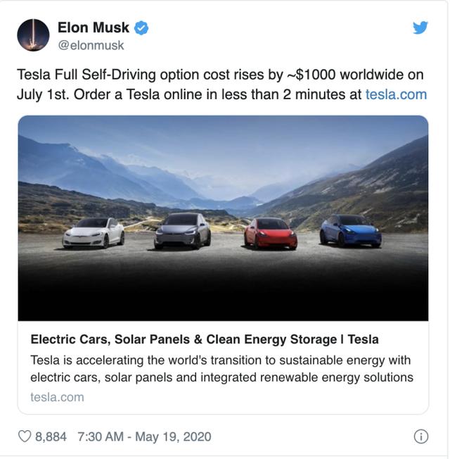 马斯克：7月1日起，全自动驾驶系统将涨价1000美元