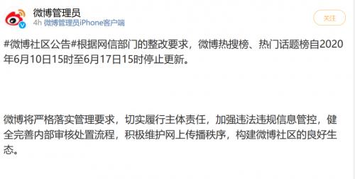 网信办约谈新浪微博，热搜被暂停一周​；特斯