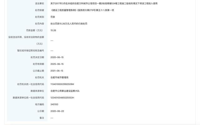 万科与平安不动产的合肥万科金湾地产公司遭罚：涉项目未竣工验收投入使用