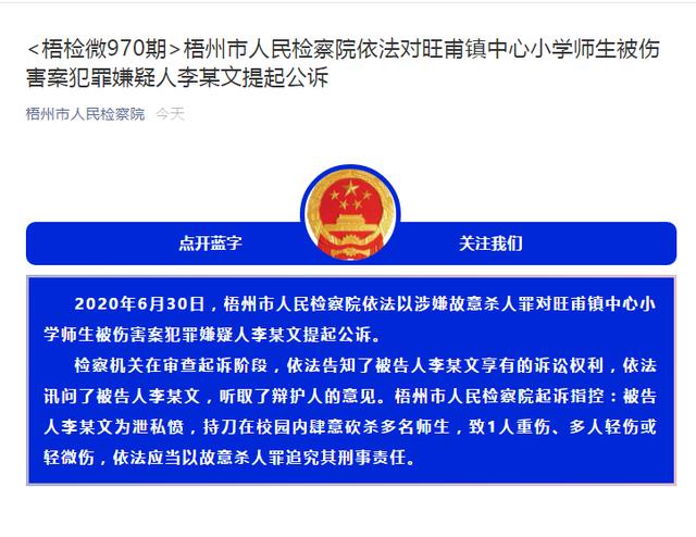 廣西砍傷39名師生保安被提起公訴，檢察院指控：為泄私憤，持刀在校園內(nèi)肆意砍殺多名師生