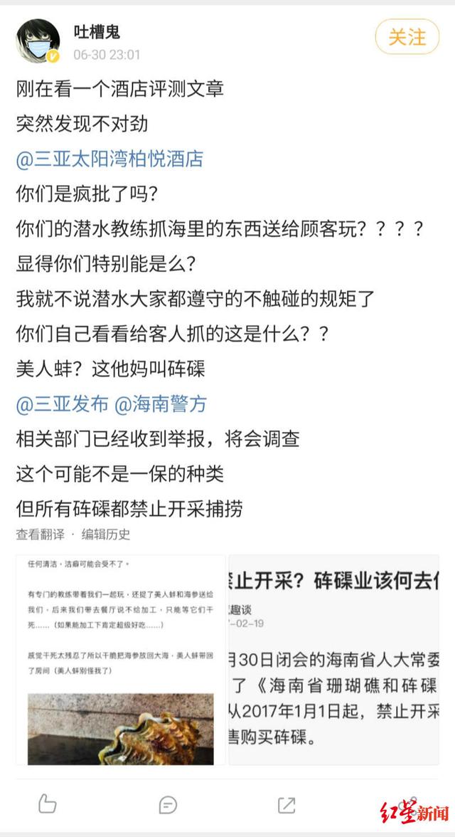 演员陈学冬举报三亚一酒店非法捕捞国家保护动物 海南警方：正核查并全面摸排