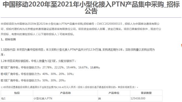 规模约12.54万端！中国移动启动小型化接入PTN产品