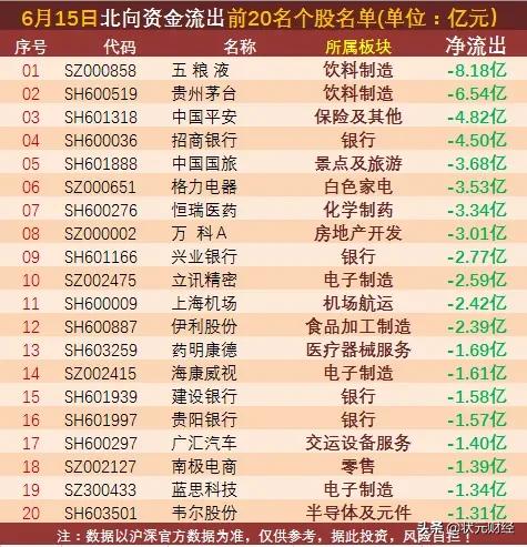 6月15号北向资金流出资金最多个股排名