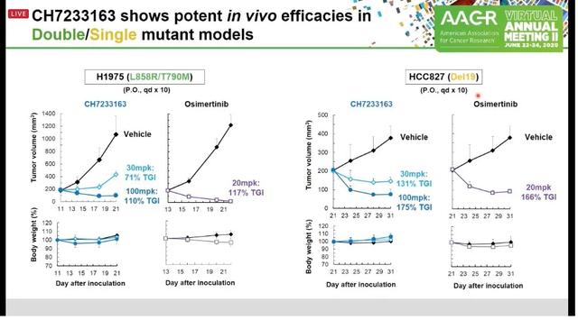 堪称第四代EGFR抑制剂——CH7233163。此次公布的是其临床前数据，体外肿瘤细胞株和小鼠实验均显示，CH72331