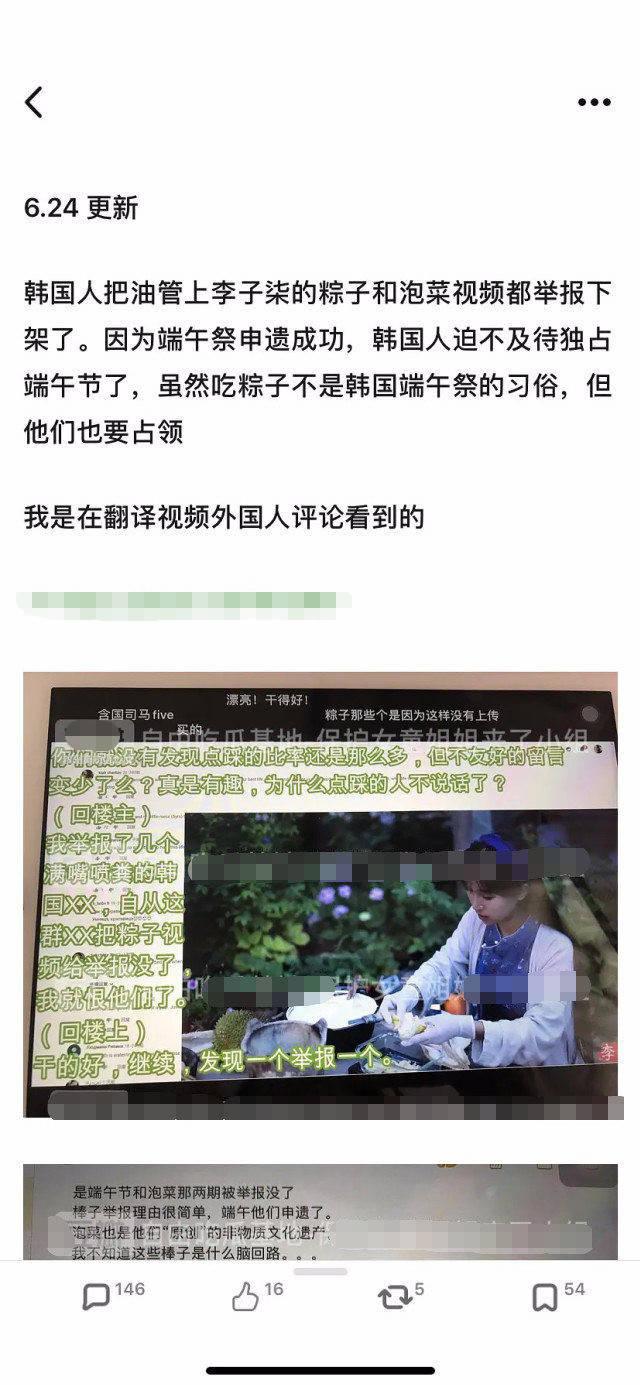 李子柒在海外发布泡菜和端午节粽子视频惨遭举