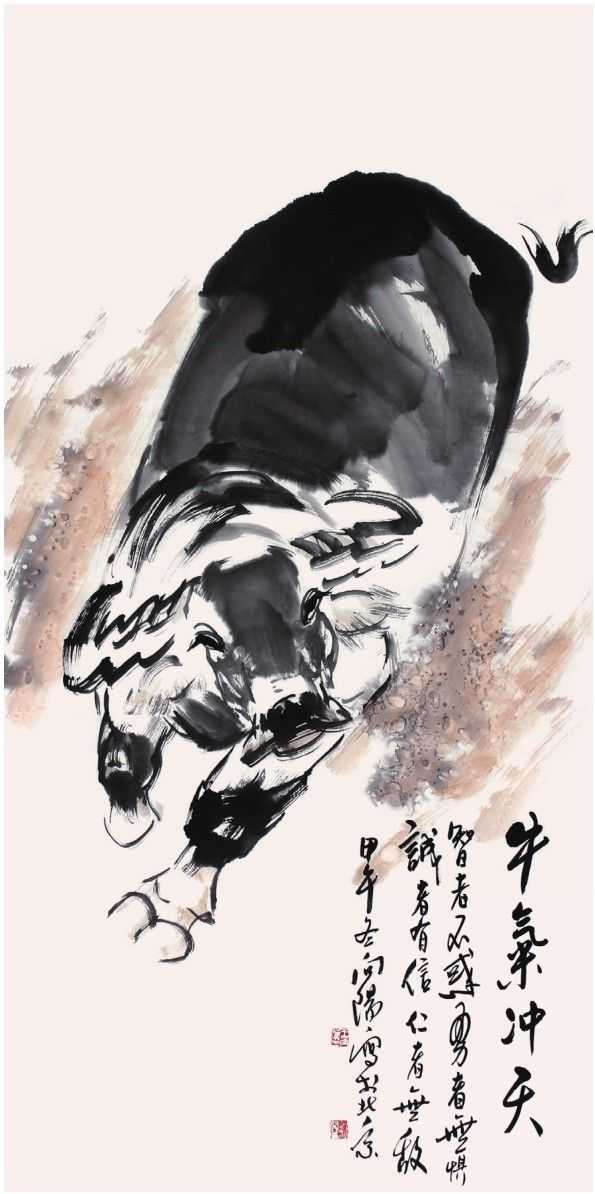 零基础国画教程:牛题材创作的画法,构图和主体物比例的处理!