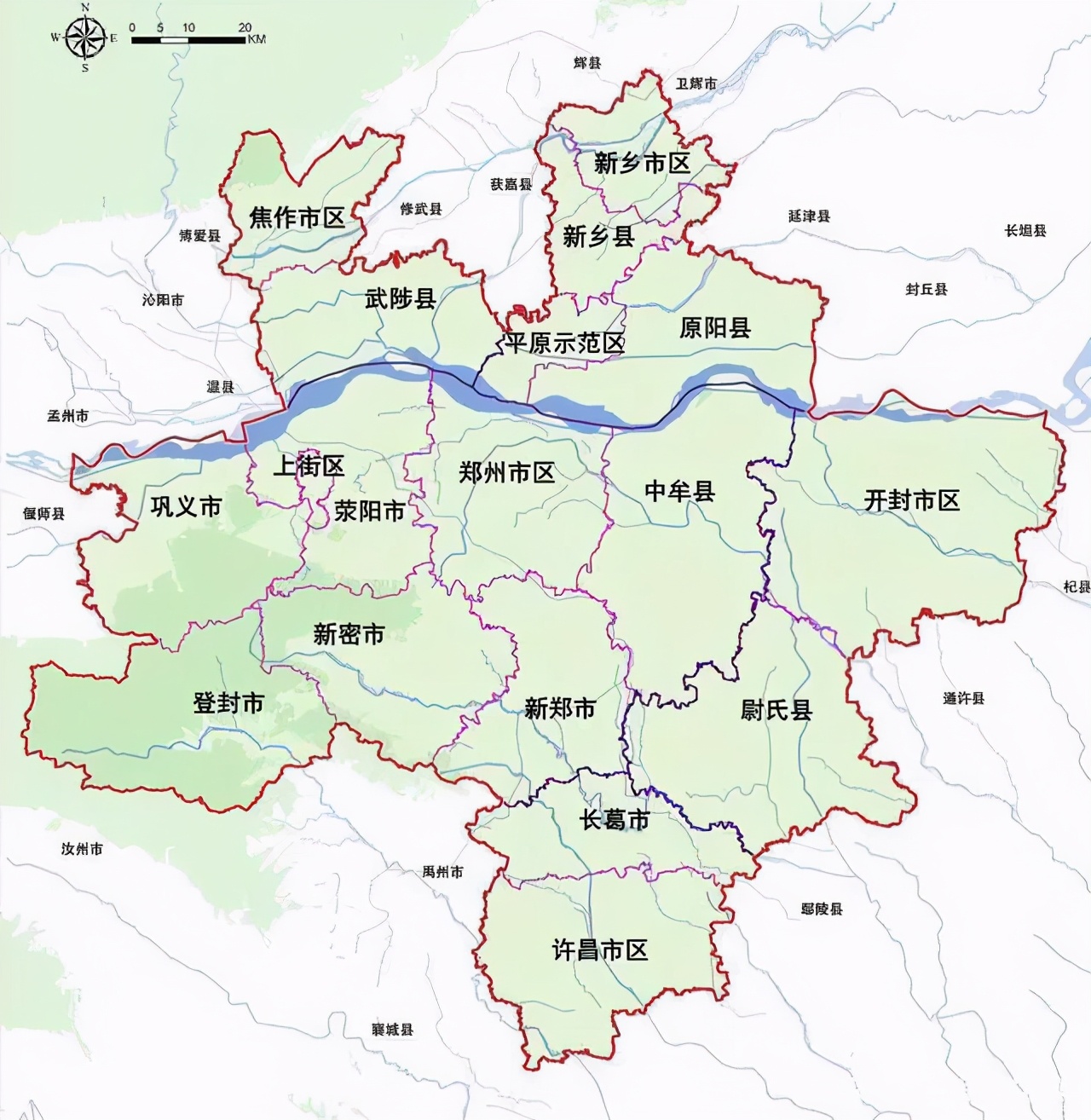 城区,以及巩义市,尉氏县,原阳县,新乡县,长葛市,武陟县和平原示范区