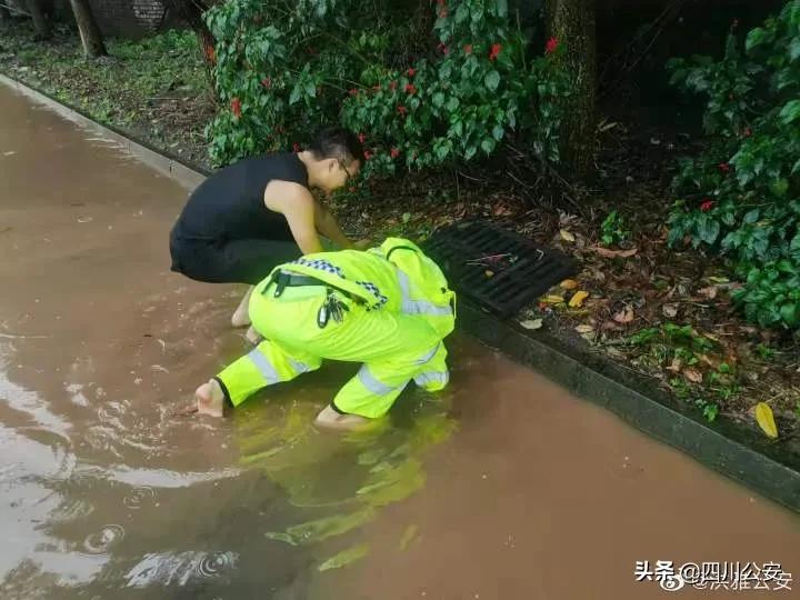 下水道堵塞四川洪雅交警徒手赤脚疏通