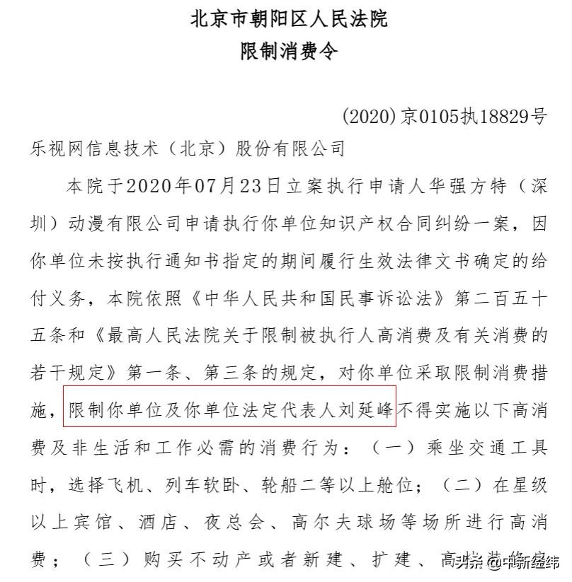 乐视网董事长刘延峰被限制消费