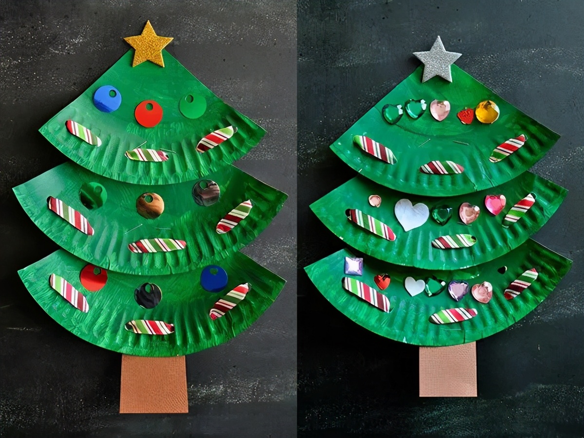 卡纸圣诞树材料:绿色卡纸,少量彩色卡纸备用,剪刀,圆规,胶水,铅笔
