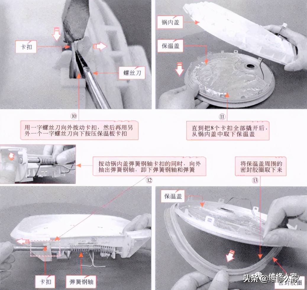 电饭煲锅盖的拆卸方法如下图所示: 微电脑式电饭煲的底座通常是由