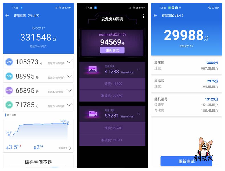 科技犬首先使用专业的安兔兔与geekbench跑分软件对realme 真我q2天玑
