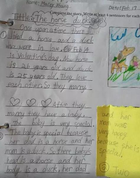 女儿作业 “马和鸭子结婚”  让孩子去做special的自己