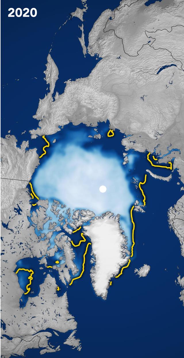 今年七月覆盖北冰洋的“北极冰盖”，为有记录以来同期最小面积