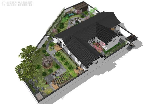 质朴,淡雅徽派住宅梯形基地划分四个主庭院