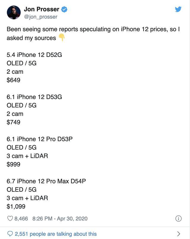 iPhone 12系列售价已曝光，5G版本售价4600元