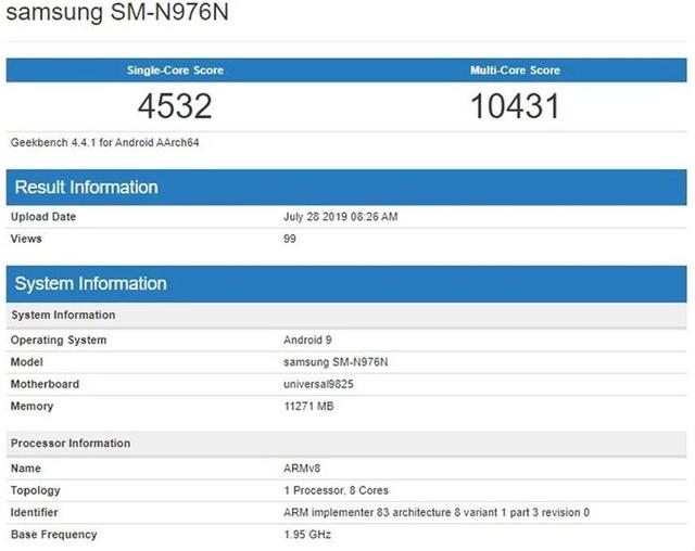 三星Note 10 5G版亮相GeekBench：配用Exynos 9825