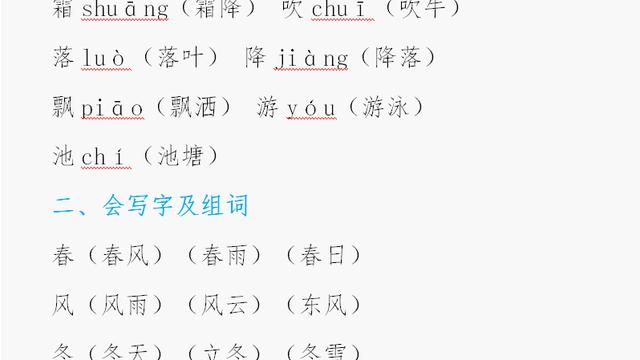 一年級春夏秋冬課文里面有哪些詞語