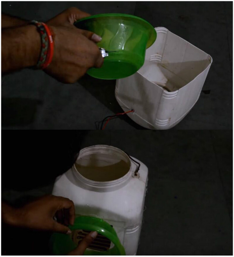 切开塑料桶并装入电热圈，用它刚洗的衣服也能快速烘干