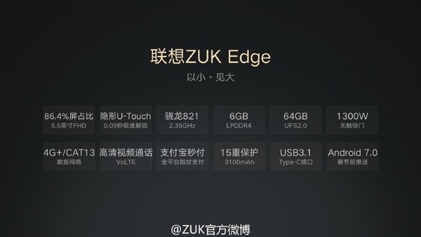 ZUK Edge公布：隐型U-Touch/2299元起