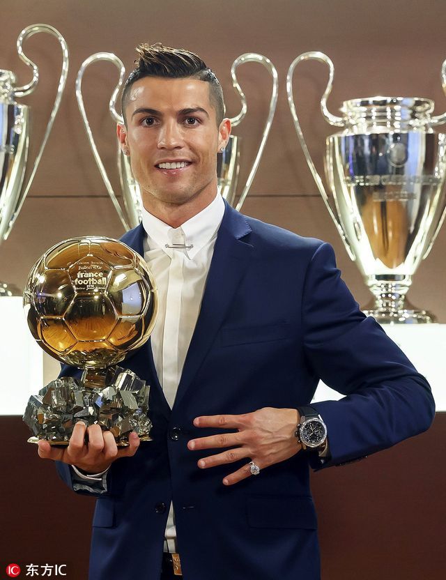 c罗图片(c罗第4度斩获金球先生 与奖杯合影春风得意)