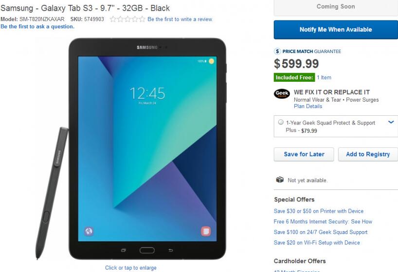 Galaxy Tab S3市场价出来，匹敌iPad Pro
