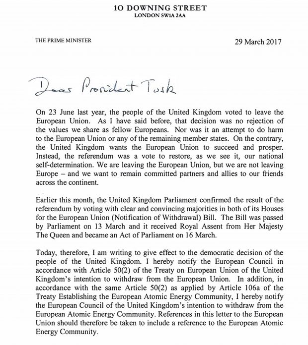 英国首相签署的启动脱欧程序信函已经发表