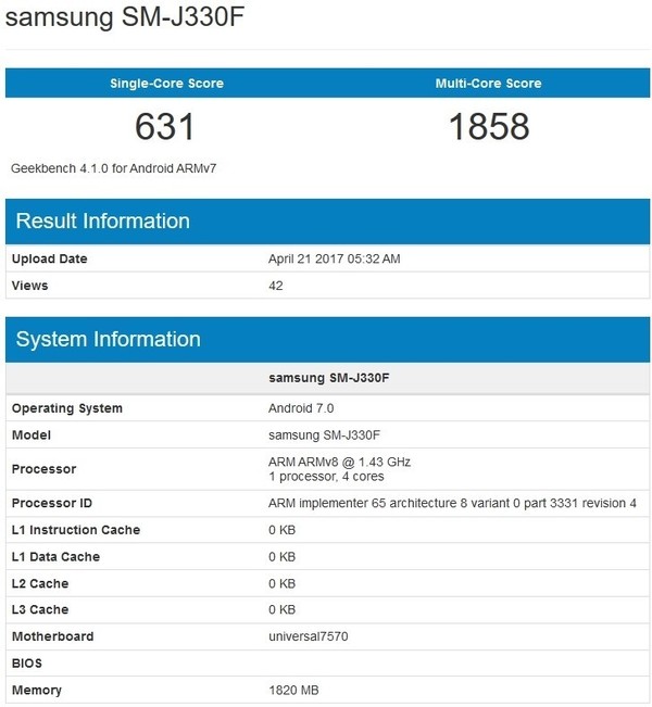 2017版三星J3亮相Geekbench 2GB运行内存