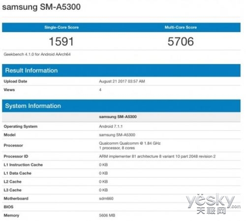 三星A5(2018)中国发行显卡跑分现身：骁龙660 8G运行内存