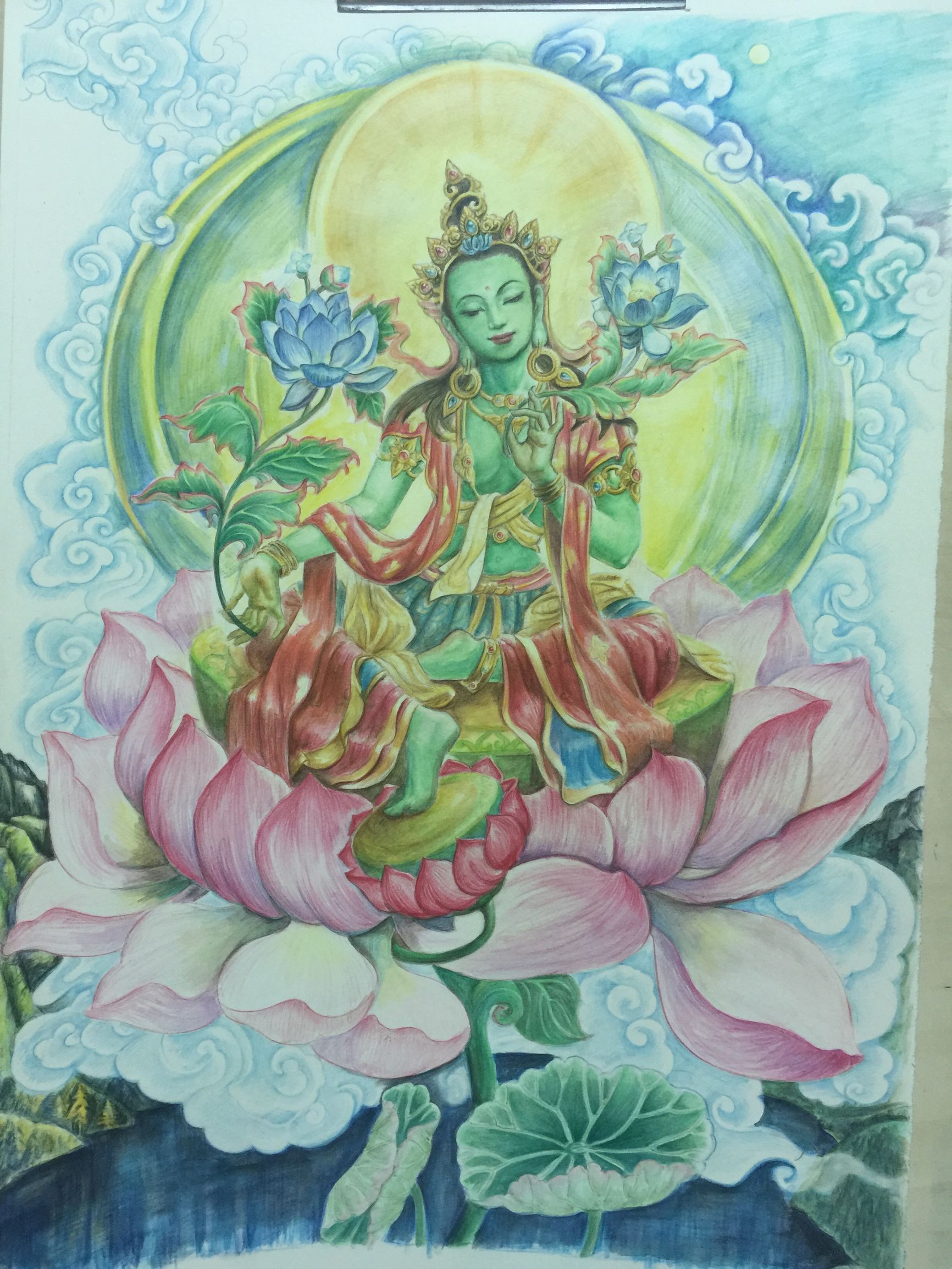 绿度母佛像唐卡彩铅画日记，已完成并赠送。