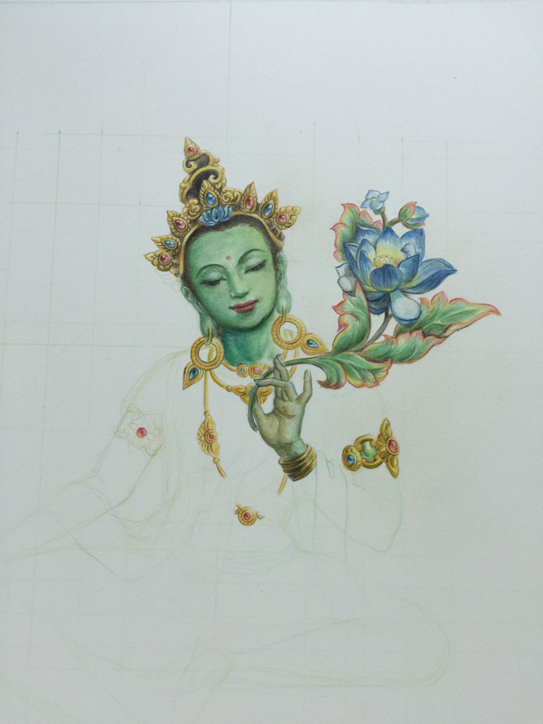 绿度母佛像唐卡彩铅画日记已完成并赠送