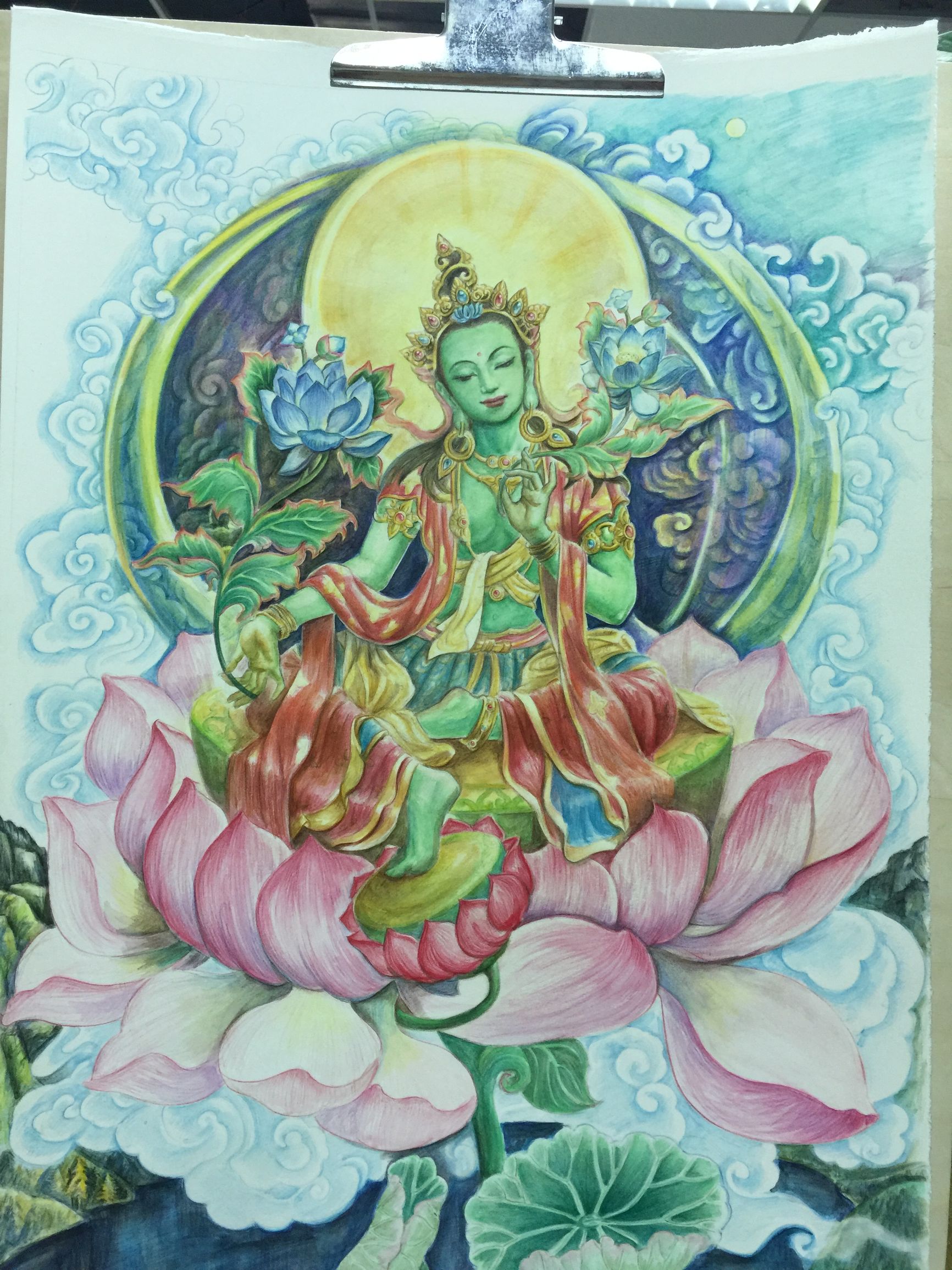 绿度母佛像唐卡彩铅画日记已完成并赠送