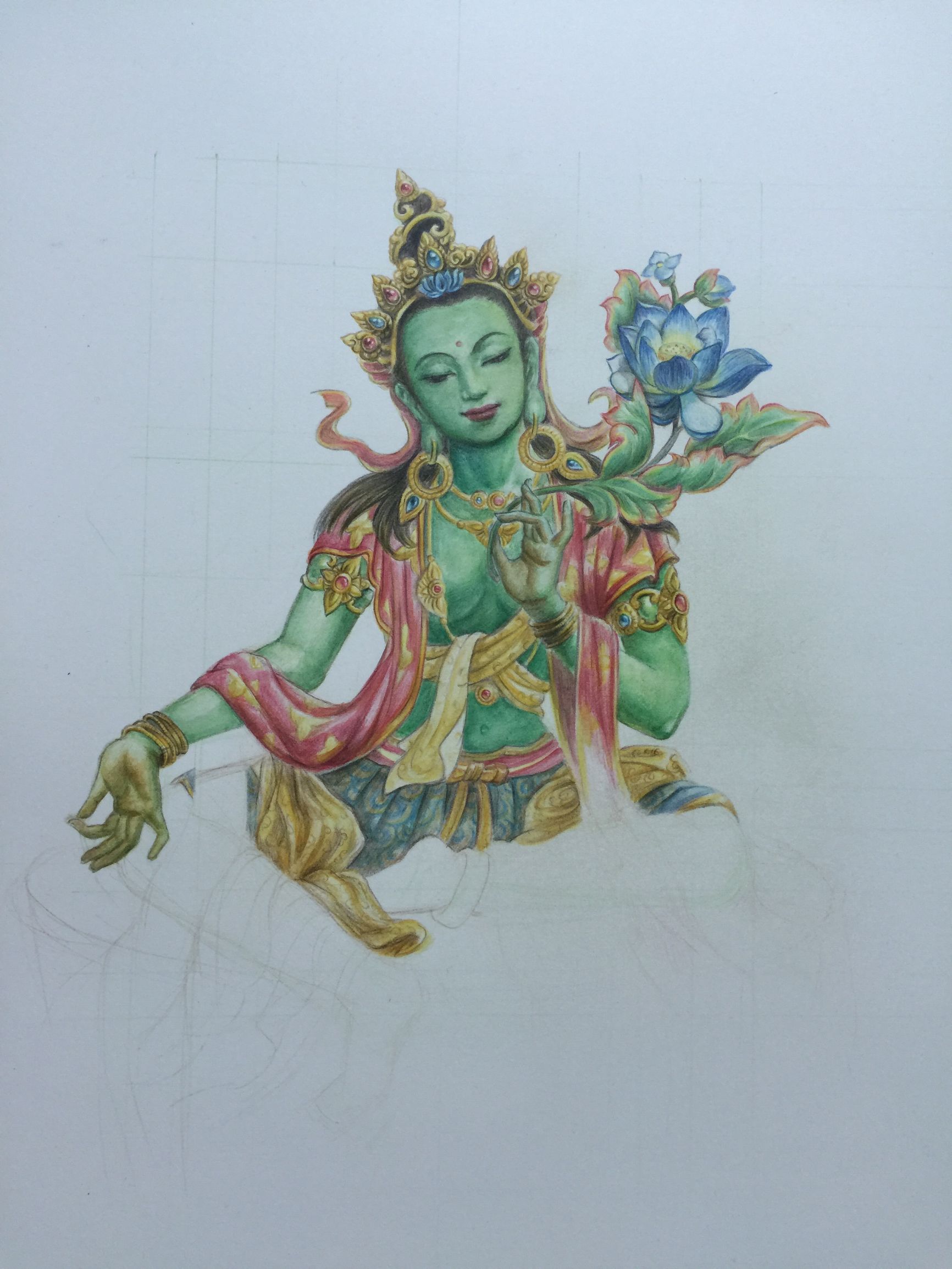 绿度母佛像唐卡彩铅画日记已完成并赠送