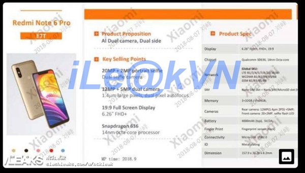 国外曝出红米noteNote 6 Pro配备：6.26寸刘海屏、骁龙660 四摄