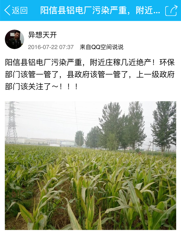 网曝：阳信县铝电厂污染严重，附近庄稼几近绝产！