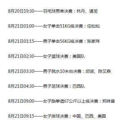 里约奥运，中国代表团比赛时刻表