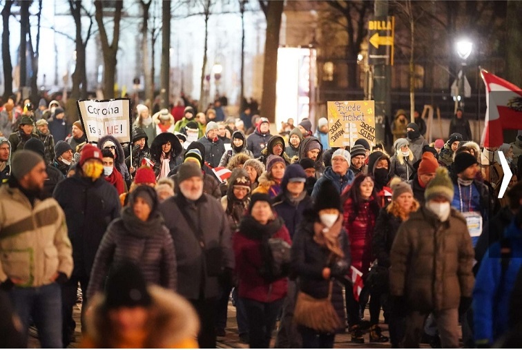 奧地利首都維也納多處爆發大規模�反封鎖�抗議遊行