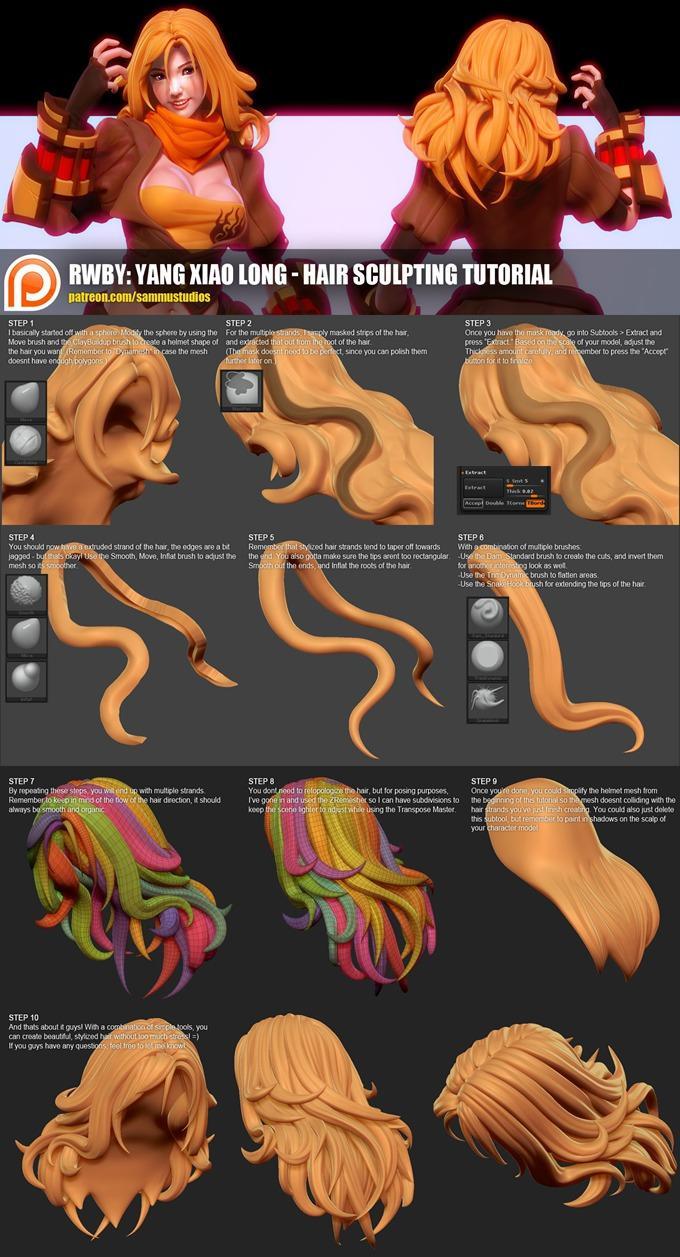 教学｜ZBrush不同种类头发的雕刻教程，做建模界的弄潮儿