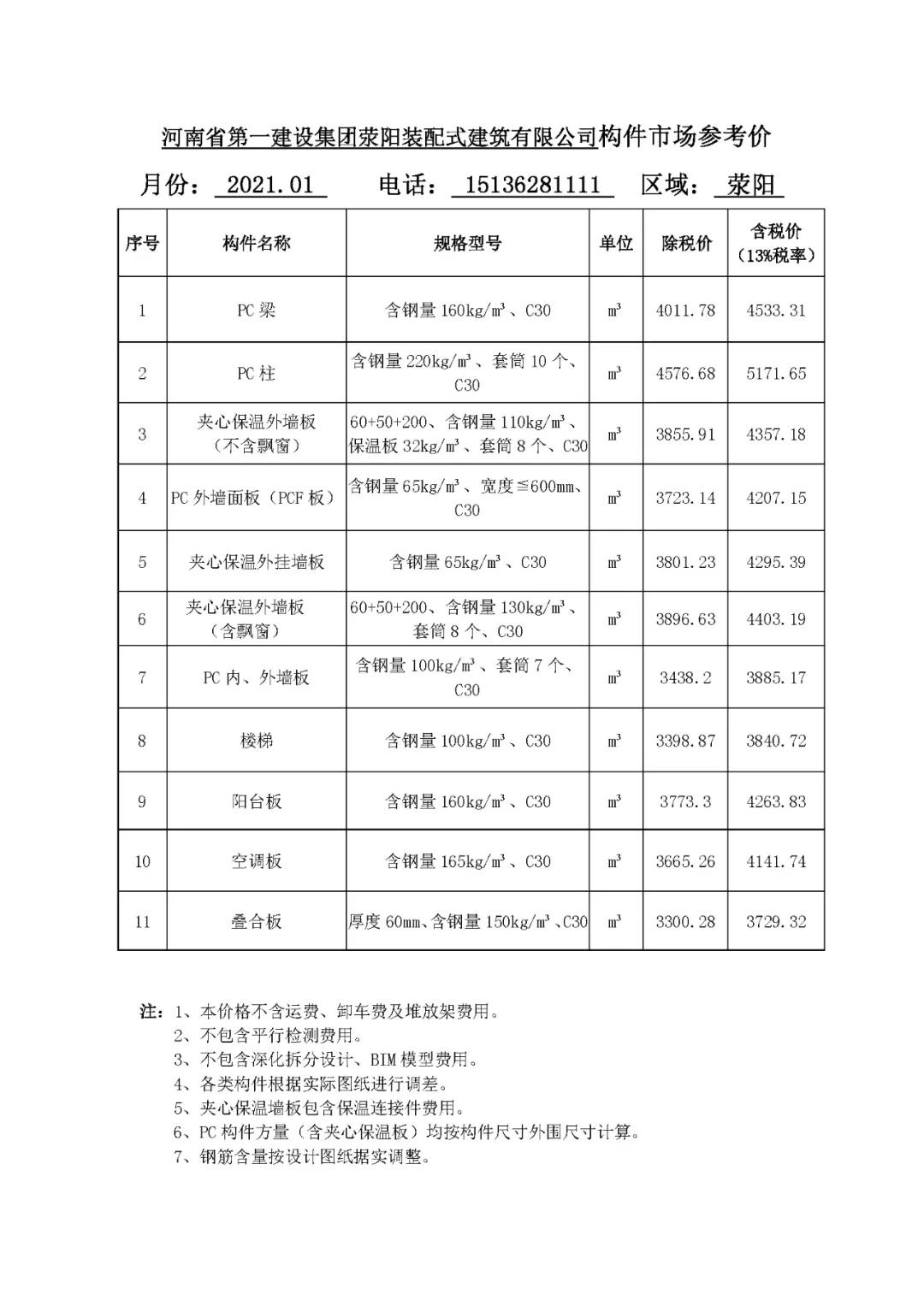 河南省装配式建筑预制构件市场参考价（2021年1月）