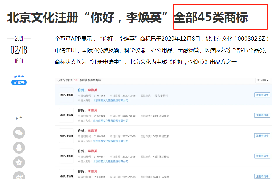 《你好，李焕英》大手笔，45类全部注册商标