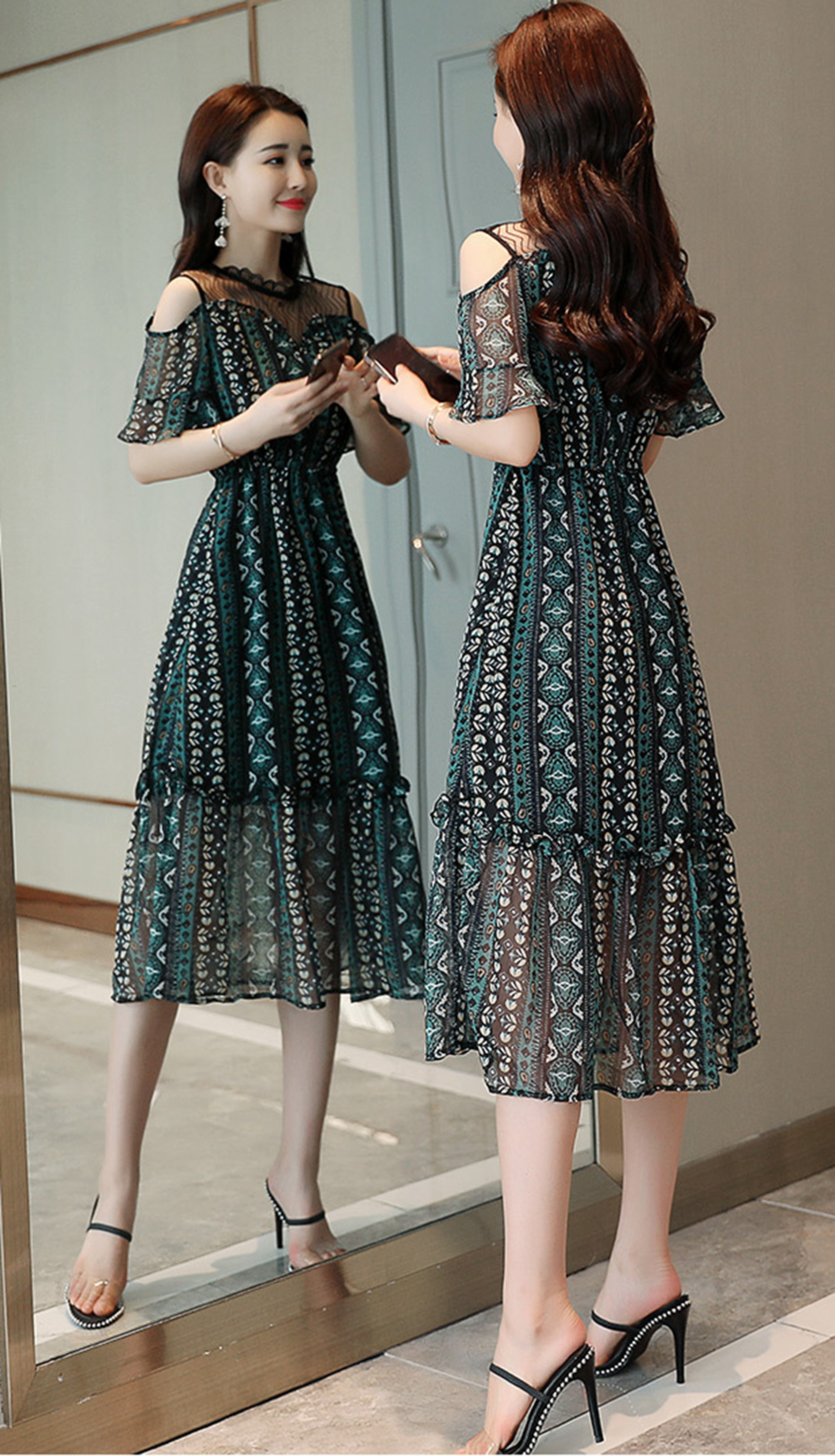 夏新款韩版印花连衣裙，雪纺材质舒适透气，潮流显瘦版型不挑身材