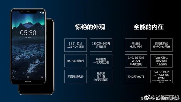 Nokia X5宣布公布：999元开售，流海全面屏手机双摄像头