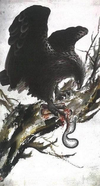从美学范畴和艺术角度看，国画《鹰蛇斗》是具有象征主义的