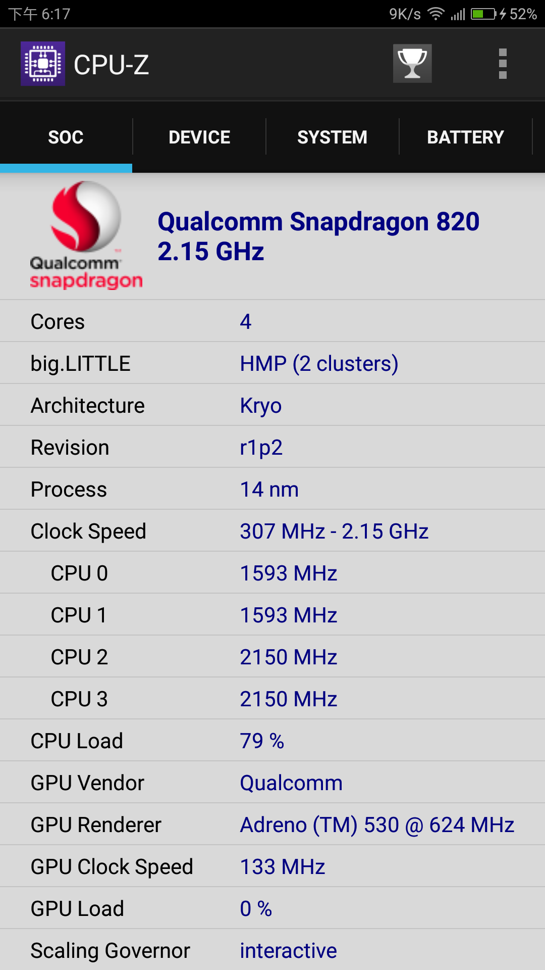 用了2年的高通820手机上zukz2，CPU超频以后特性仍然挺立