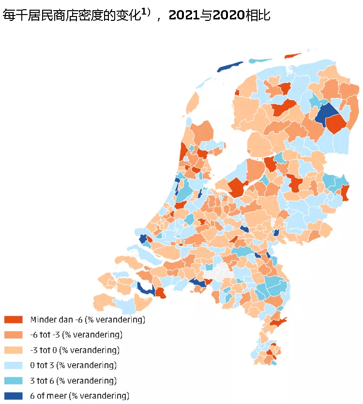 荷兰去年商店数量多了还是少了？哪里的商店密度最高？